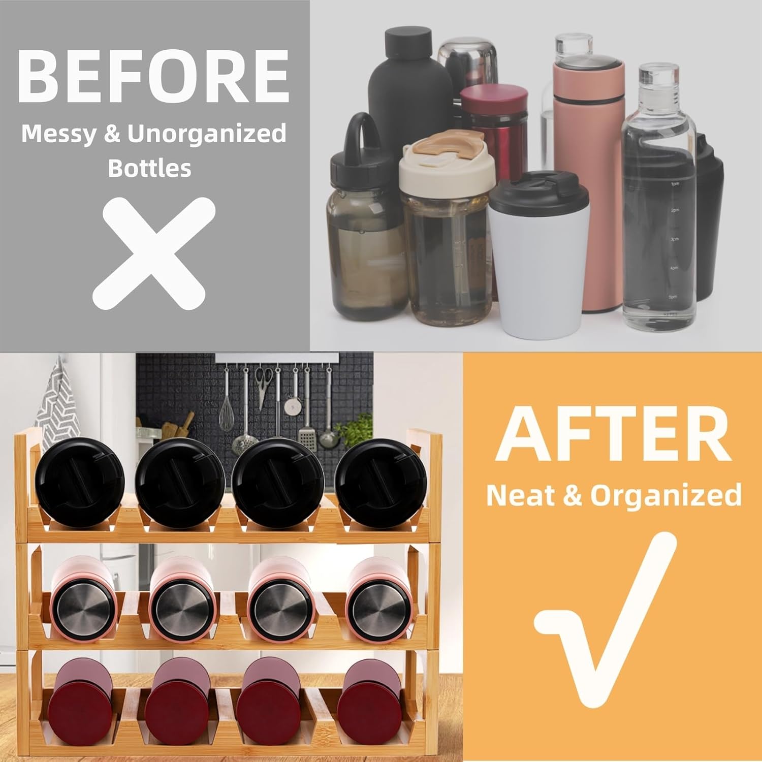 3 Tier Bamboo Water Bottle Organizer, Stackable Bottle Storage Rack, Tumbler Shelf Organizer, Wine Bottle Holder, Drinking Cup Display Rack for Cabinet Kitchen Cupboard, Hold 12 Bottles - Image 3