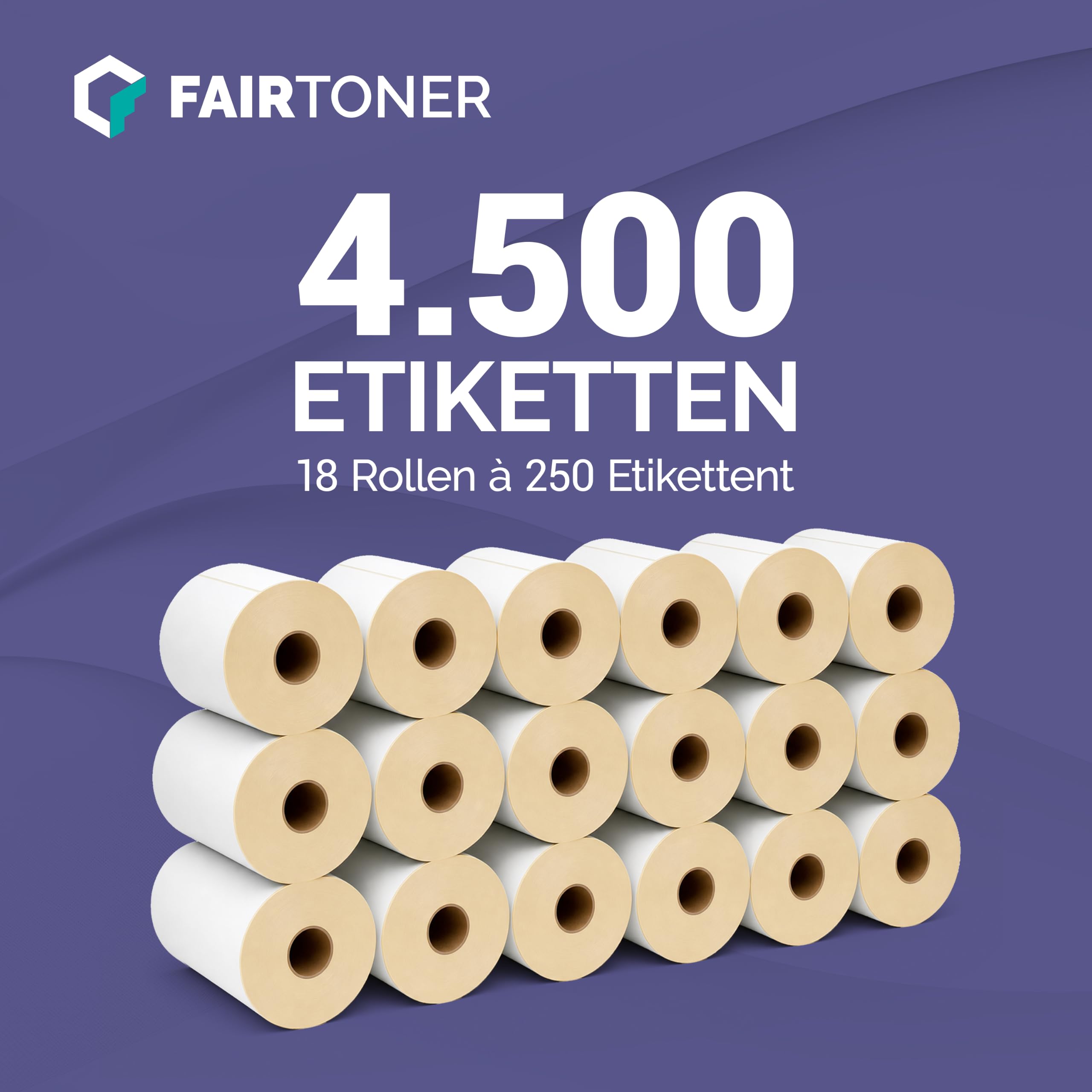 FairToner Versandetiketten Rollen 103x199mm 18 x 250 Label Thermodirekt | 4500 Etiketten, perforiert, Kern 25,4mm, BPA-frei, permanent haftend, kompatibel Zebra/TSC/Godex, Common Labels 910-300