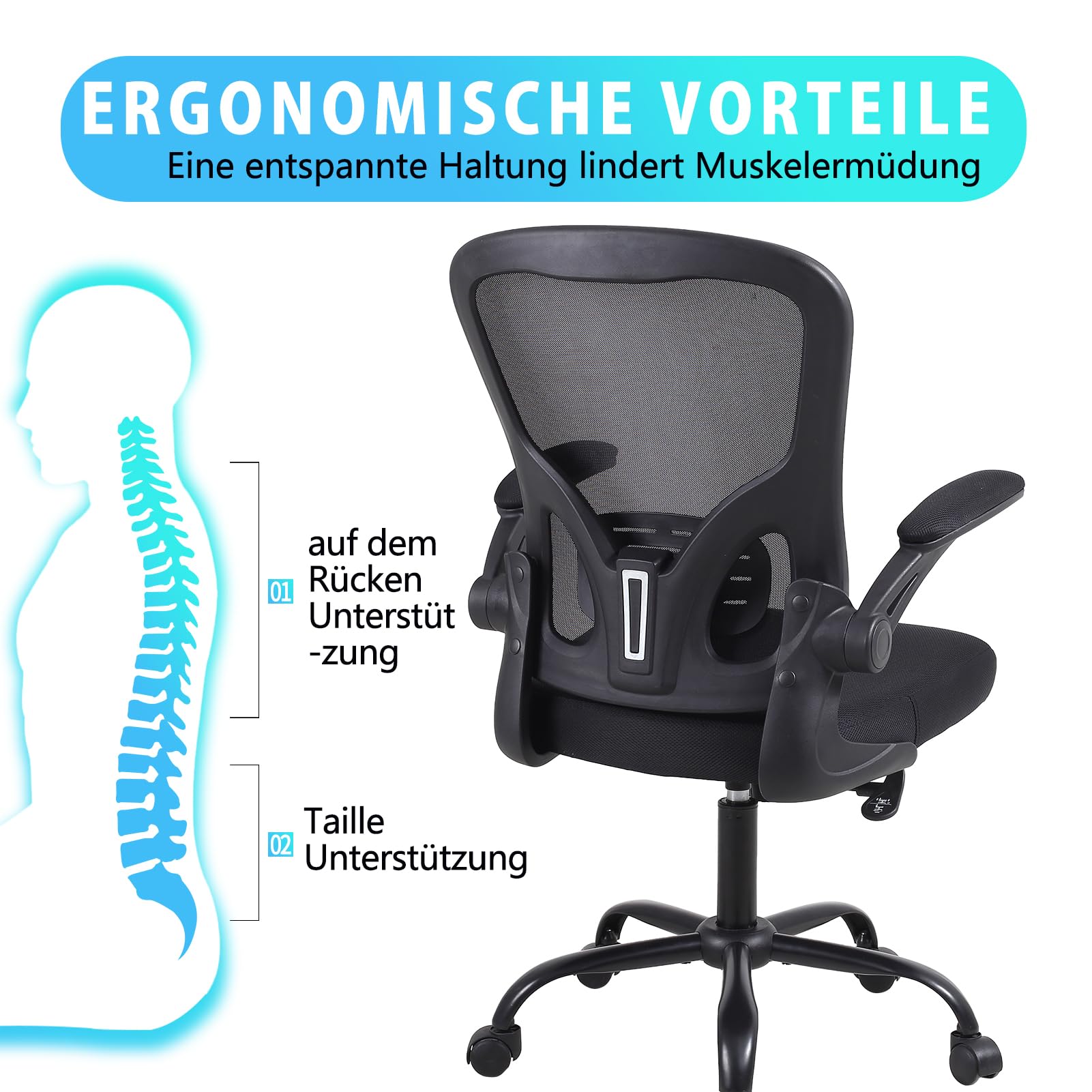 Youhauchair Bürostuhl, Bürostuhl Ergonomisch mit Hochklappbaren Armlehnen, Schreibtischstuhl mit Lendenwirbelstütze, Atmungsaktiver Office Chair, Schwarz