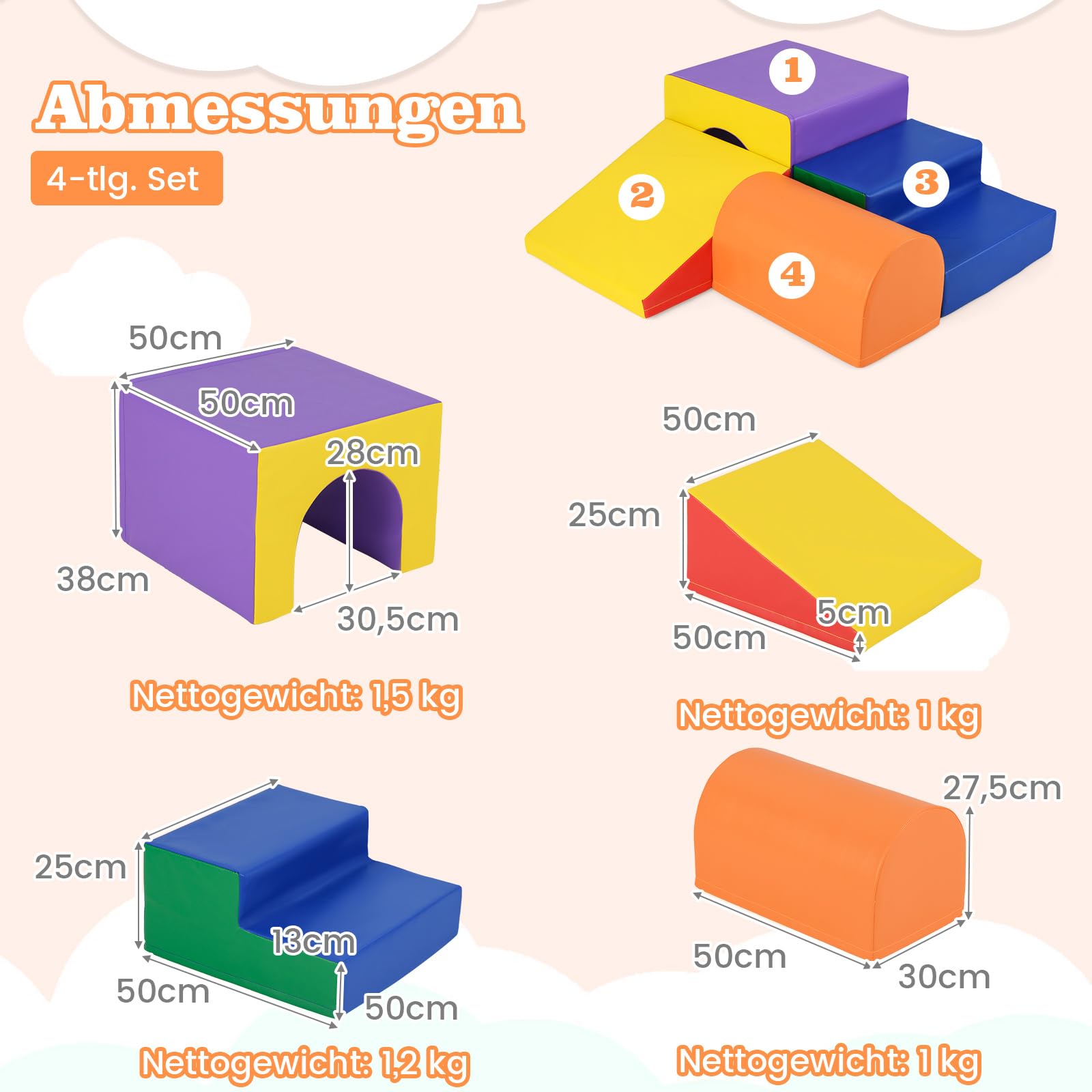 COSTWAY 4 TLG. Schaumstoffbausteine, Softbausteine zum Klettern und Toben, Riesenbausteine aus Schaumstoff, Großbausteine Bauklötze Indoor für Babys und Kleinkinder (Bunt)