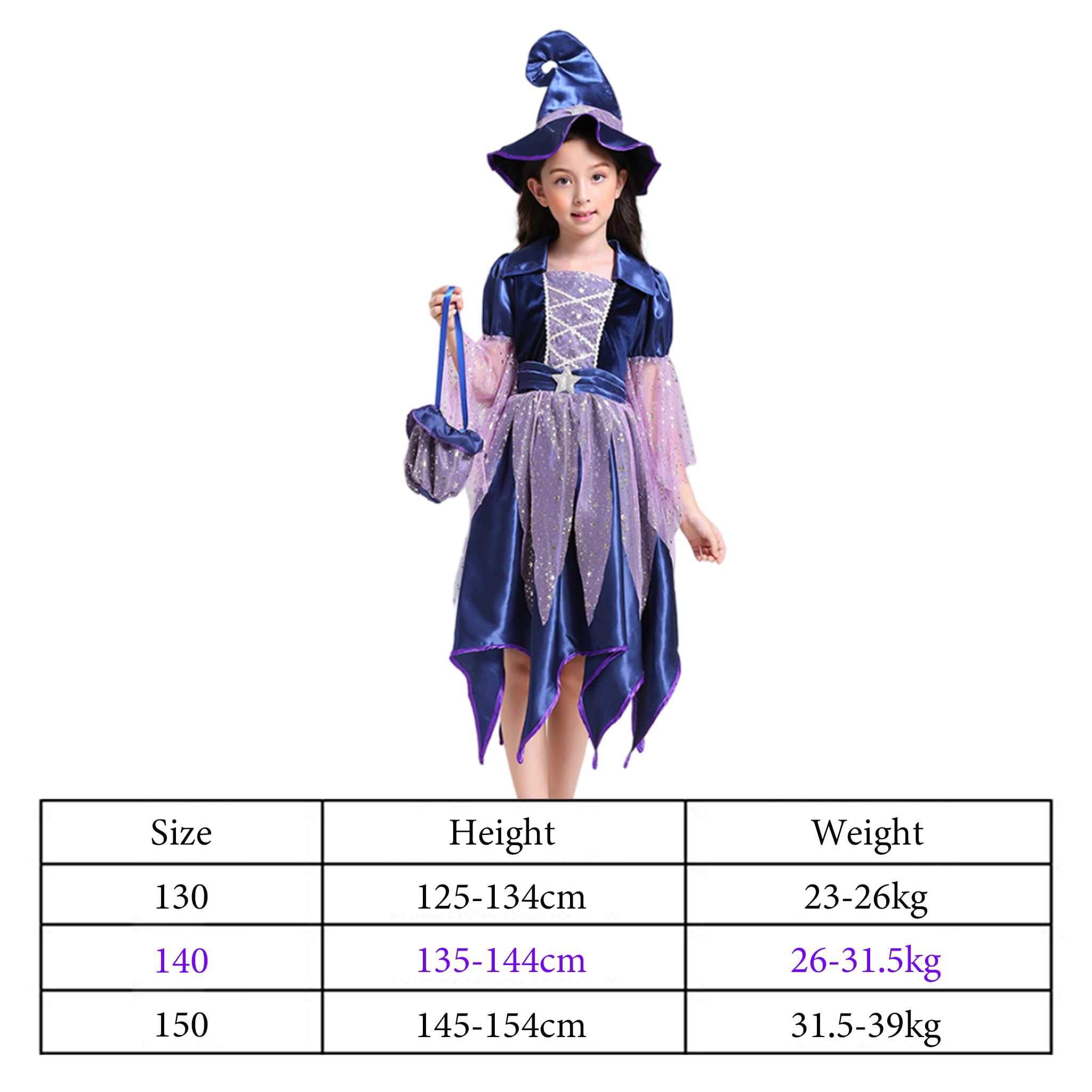 Costume da Strega per Bambini per Ragazza Costumi di Halloween in Velluto Glitterato con Rete, M