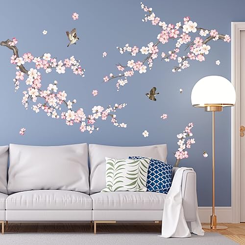 wondever Pegatinas de pared con diseño de flor de cerezo, ramas de árbol de flores rosas y blancas, calcomanías artísticas de pared para sala de