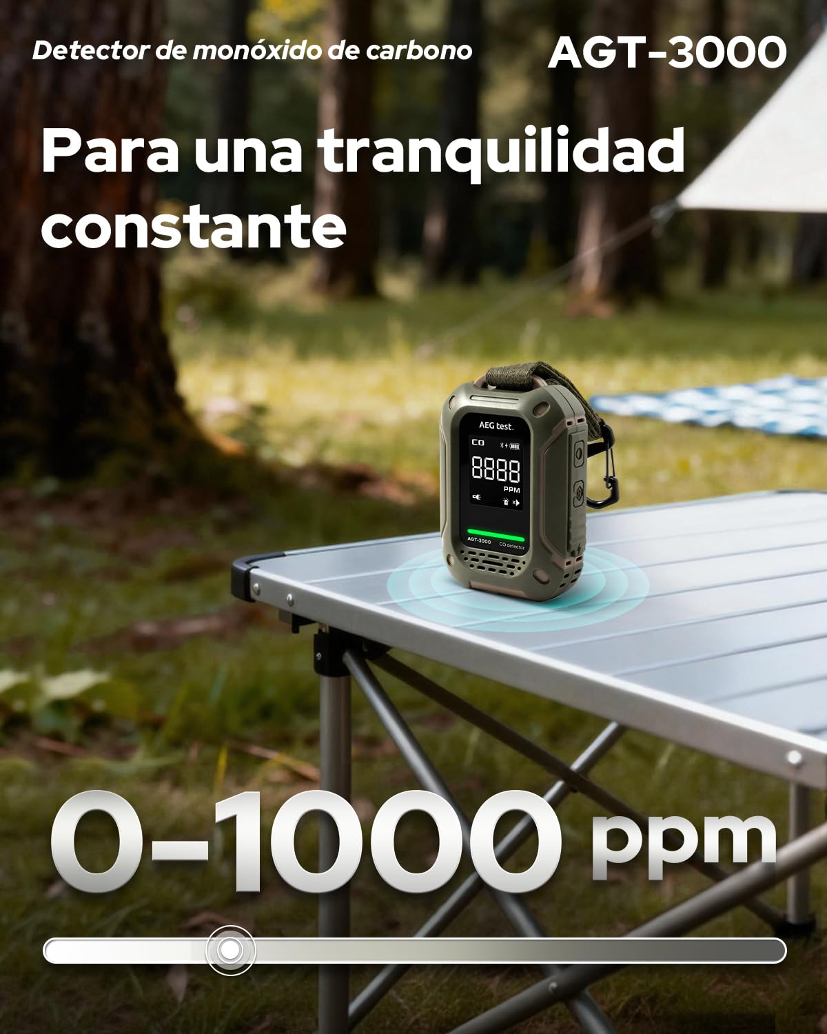 AGT-3000 Detector portátil de monóxido de Carbono, 240 h en Espera, Sensor CO Mejorado para Viajes, Detector CO Recargable con alertas sonoras y visuales, medidor CO para Camping, 0–1000 ppm