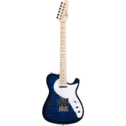 Grote Electric Guitar Semi-Hollow Body Single F-Hole Printed Tele Style Guitar Full-Size Basswood with Canadian Maple neck Chrome Hardware Picks (Blue)