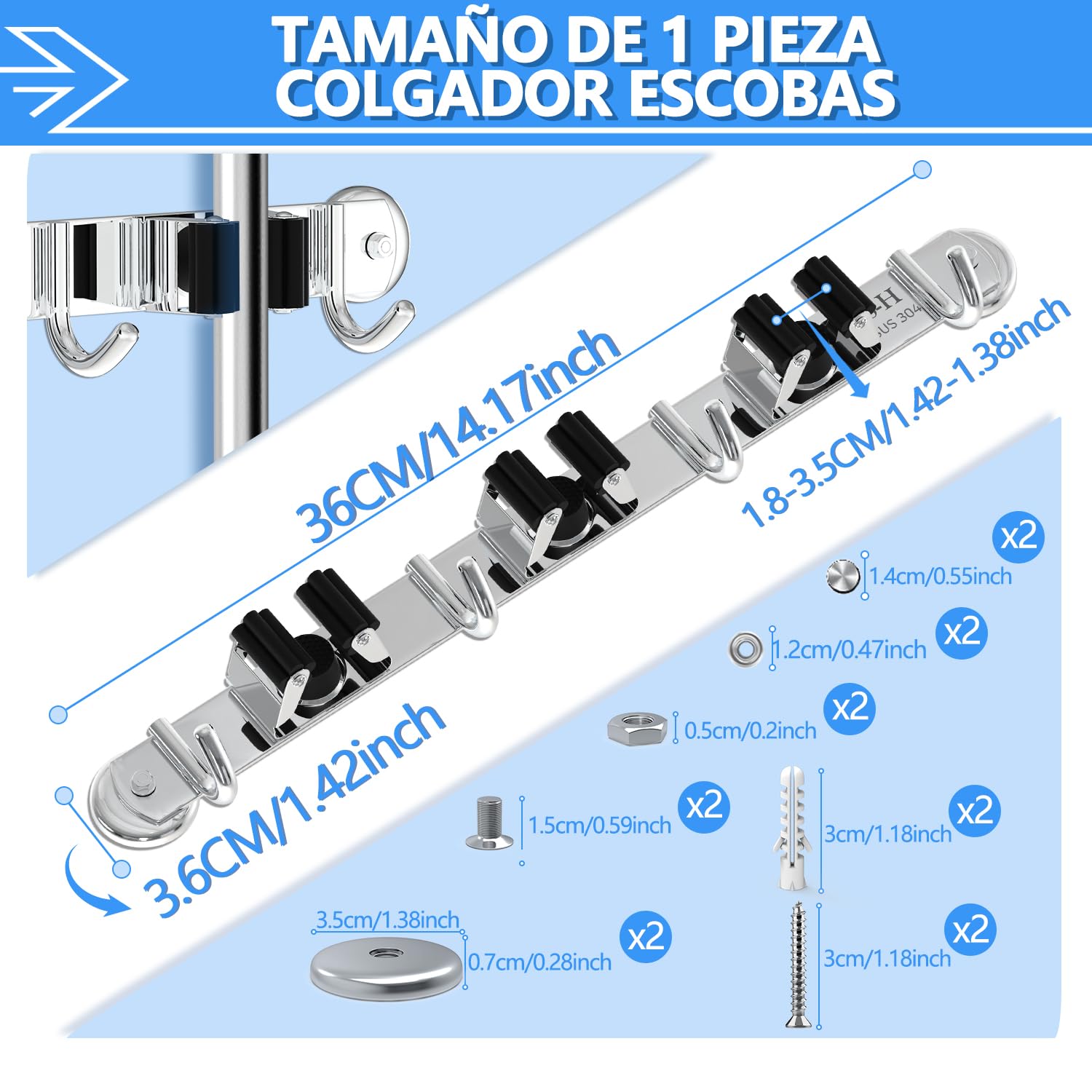 3-H Colgador Escobas Magnético 36cm, Soporte Escobas Pared SUS304 Acero Inoxidable 20KG Carga Colgador Escobas y Fregonas Sin Perforar para Restaurante, Cocina, Baño, Garaje con Tornillos