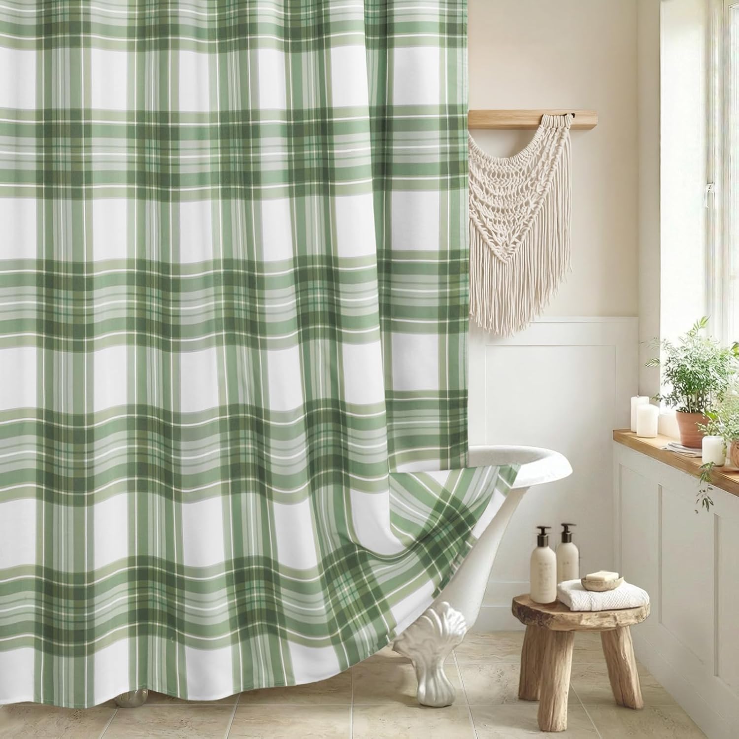 Gingham Plaid Shower Curtain, Sage Green Checkered Shower Curtains for Bathroom, 72x72
