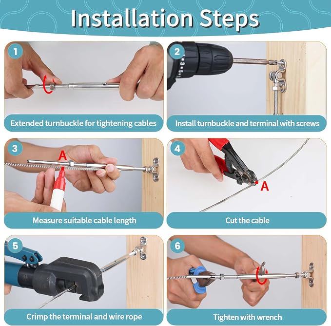 Kit de hardware para barandilla de cable de 10 piezas, tensor tipo quijada ajustable para postes de madera, acero inoxidable T316, sistema de barandilla para cubiertas miniatura 5