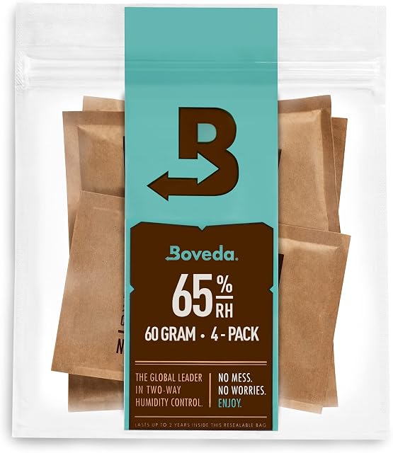 Boveda 65% RH 2-Way Humidity Control  Restores & Maintains Humidity  All In One Solution For Humidification- Patented Technology for Cigar Humidors  Convenient & Versatile - 4 Count Resealable Bag