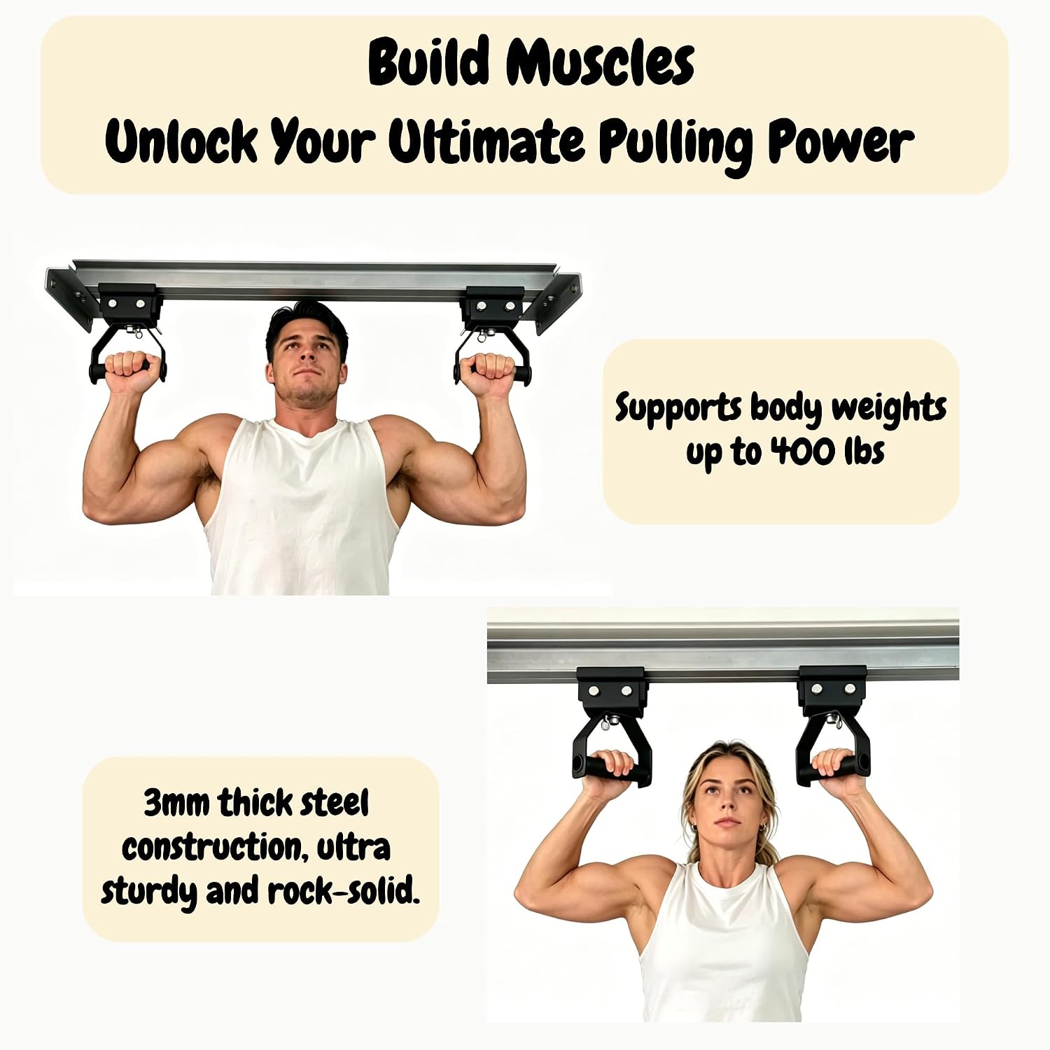 I-Beam Mount Multi-Grip Pull-Up Bar Adjustable Heavy Duty Chin Up Handles for Home Gym, Fits 3.5"-7.5" I-Beam Flange Strength Fitness Training Equipment Load up to 400 LBS - Patent Pending