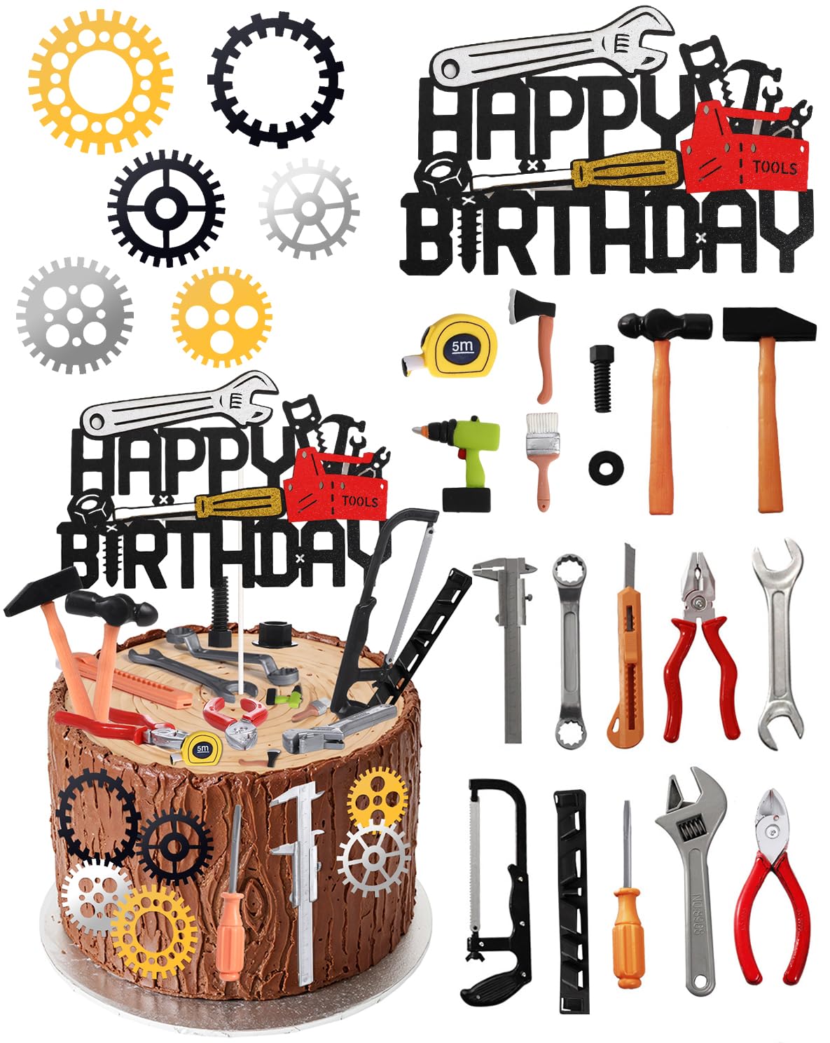 Glavatrix 24 Pcs Tools Cake Topper Construction Cake Topper Toolbox Wrench Hammer Screwdrivers Drill Plier Handsaw Tape Measure Gear Labor Day Worker