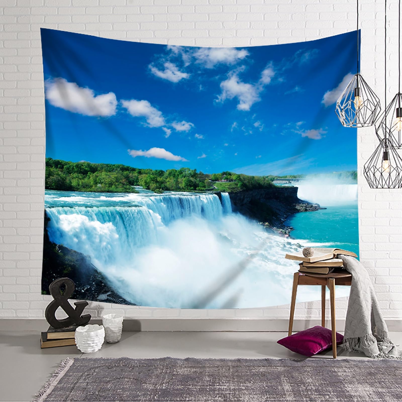 Gualiy Chusta ścienna 200 x 200, ozdoba na ścianę, wodospad, rzeka, drzewo, natura, krajobraz, dywan ścienny na ścianę, niebieski, zielony, biały