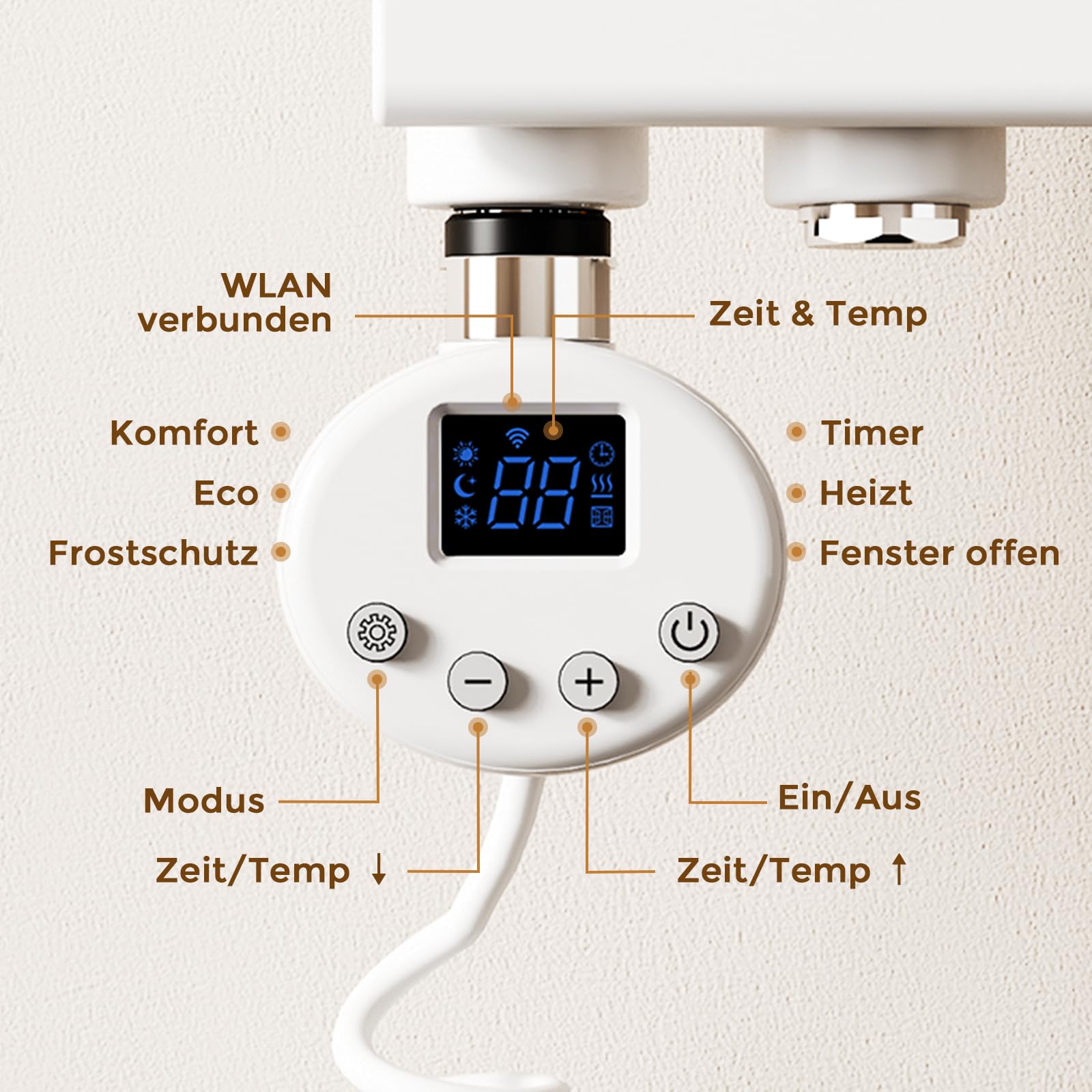Heizstab für Badheizkörper 900W,heizstab badheizkörper mit Thermostat, WiFi-fähig, programmierbare Temperaturregelung, Edelstahl-Heizstab, geeignet für Handtuchheizkörper und Heizkörper, Weiß