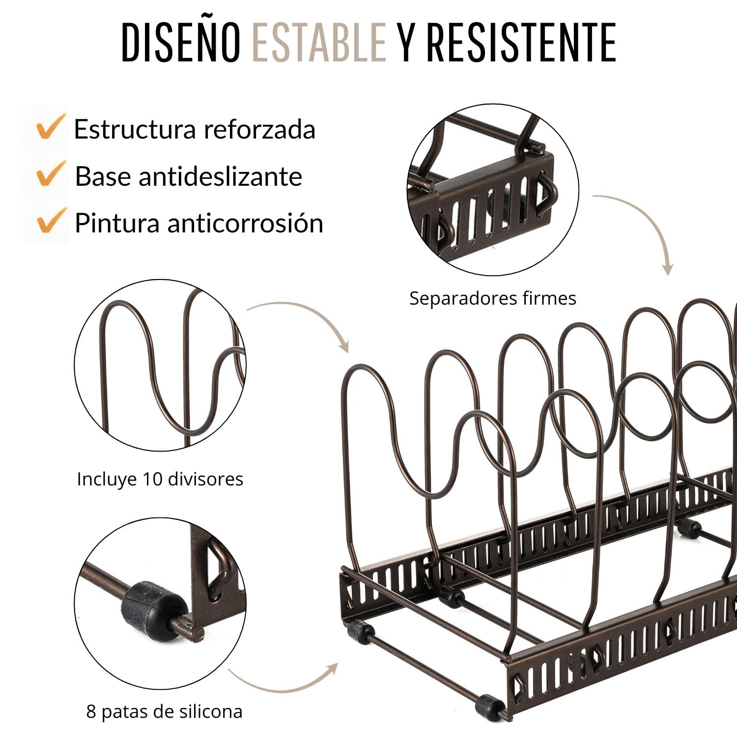 Organizador de Sartenes y Ollas Extensible con 10 Separadores + 2 Clips de Silicona Antiderrame - Soporte de Espátula | Soporte Ajustable para Almacenaje de Tapas, Ollas, Sartenes, Platos…