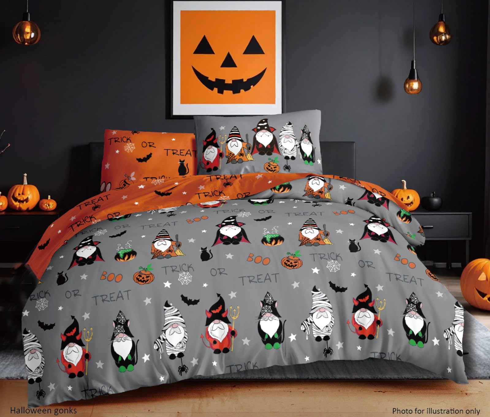 Charlotte Andersen Grey / Orange Gonks Halloween Bedding King Duvet Cover Set Haunted Pumpkins Reversible Soft Orange Bed Linen (King (U.k. Standard))