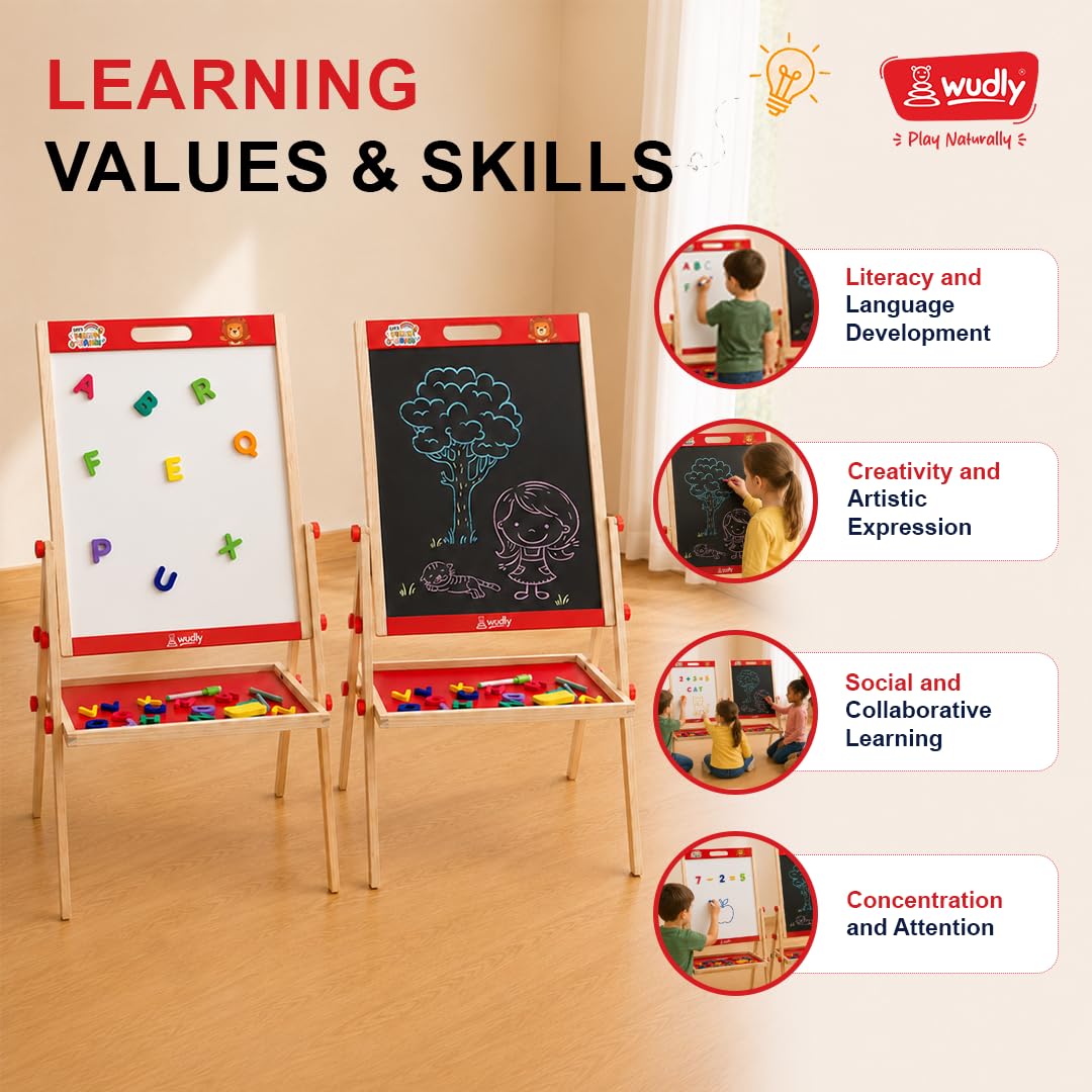 Wudly 3in1 Wooden Easel Board for Kids - Double Sided Magnetic Whiteboard and Blackboard with Chalk Duster Marker Adjustable Height Drawing & Writing Board Learning Writing Board for 3+ Years 1