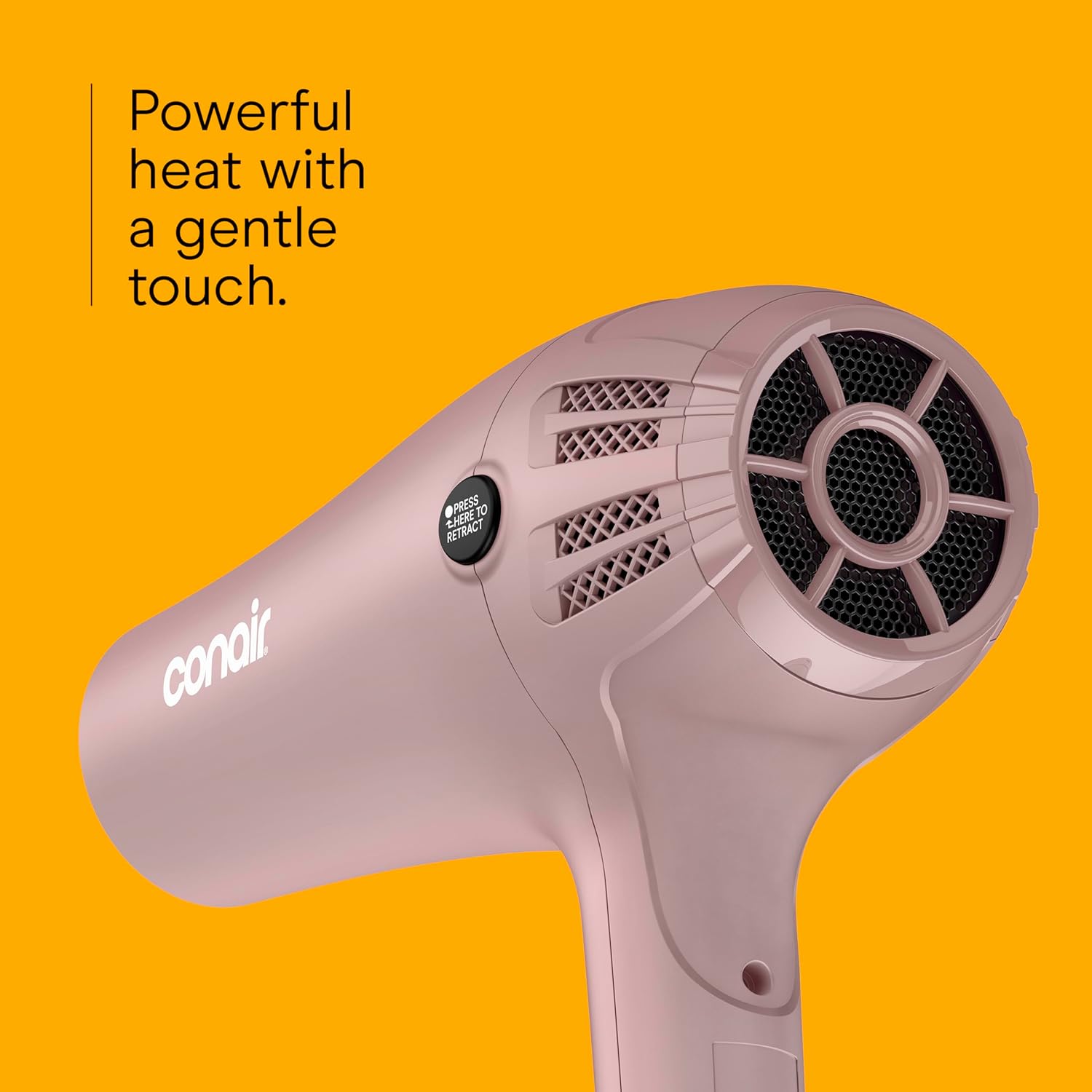 Conair Hair Dryer with Retractable Cord, 1875W Blow Dryer, 3 Heat Settings, 2 Speeds, Blow Dryer with Diffuser and Concentrator Attachments, Ionic + Tourmaline Technology, Matte Light Pink