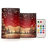 ALAZA Christmas Tree Star Ball Red Flickering Flameless Candles Pillar Led Candles Battery Operated Candles with Remote and Timers Set of 2