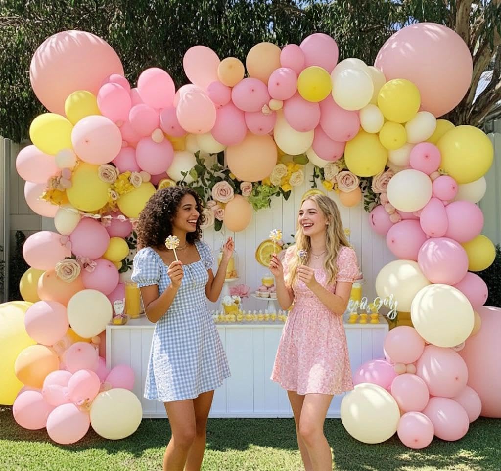 Pastel Pink Yellow Balloon Arch, Double Stuffed Light Yellow Pink Ivory Balloon Garland Kit Latex Peach White Beige Balloons for Birthday Baby Shower Easter Wedding Bridal Shower Bee Bear Party Decor