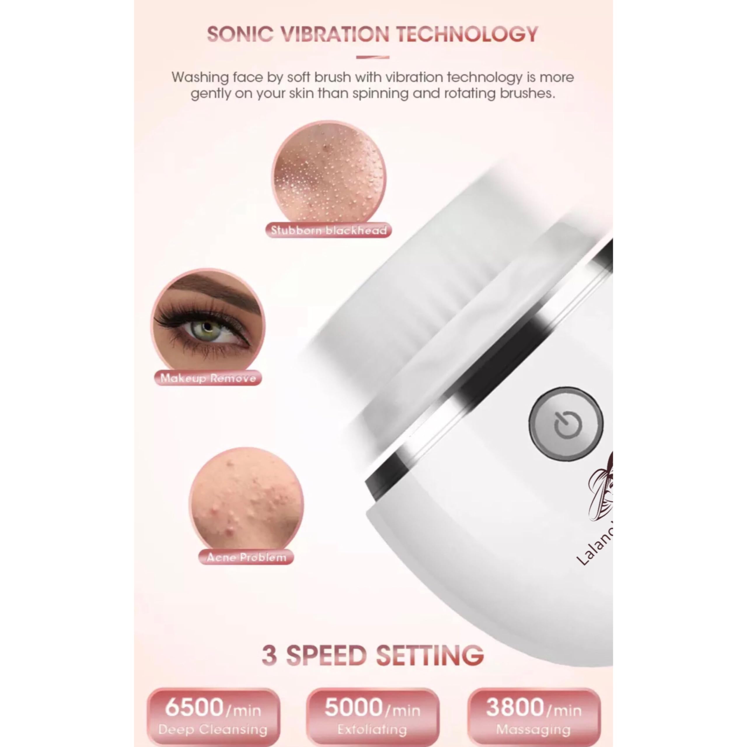 Lalano’S Cosmetics Elektrische Gesichtsreinigungsbürste – 3D Sonic Vibration, 3 Geschwindigkeiten, wasserdicht, kabellos, mit 2 Aufsätzen für Tiefenreinigung & Massage