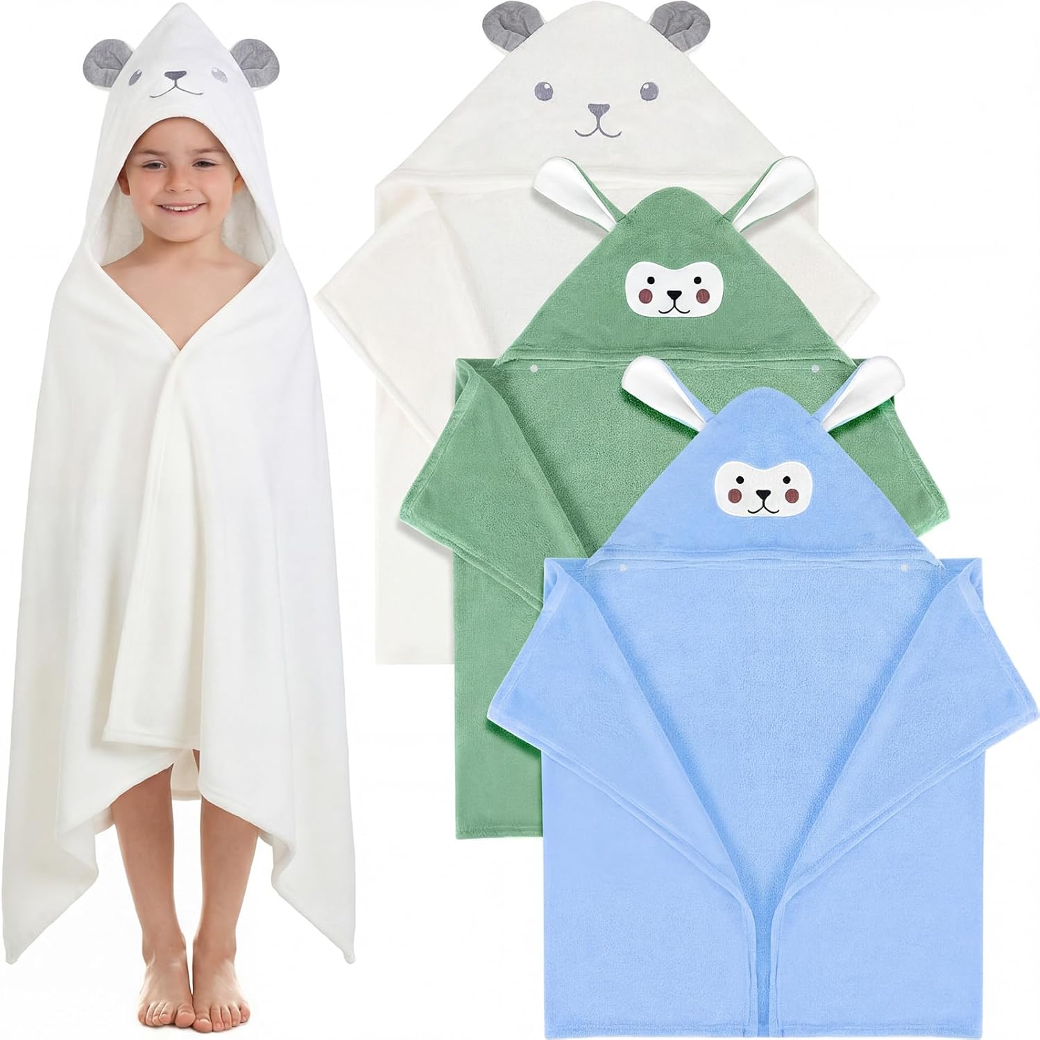 Moukeren 3 Pcs Hooded Towel for Kids 27.5 x 50 Inch Large Toddler Baby Bath Towel Coral Fleece Soft Absorbent Kids Shower Blanket for 3-10