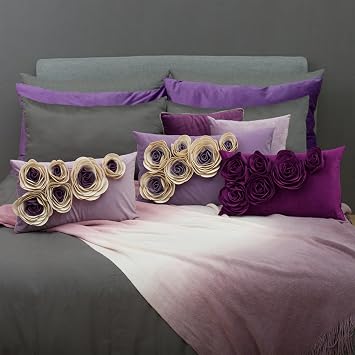 JWH 3D Flower Throw Pillow Cover Decorative Handmade Floral Pillow Case Soft Velvet Pillowcase Lumbar Cushion for Bed Living Room Chair Couch Decor Shams 12x20 Inch Purple Red