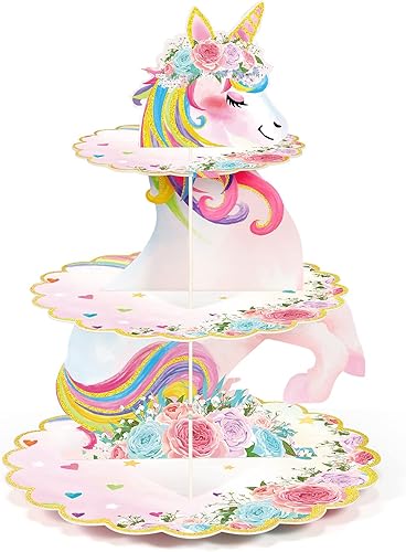 Soporte para cupcakes de unicornio de 3 niveles, decoración de fiesta de arcoíris, unicornio, cumpleaños, soporte para cupcakes, torre de postre