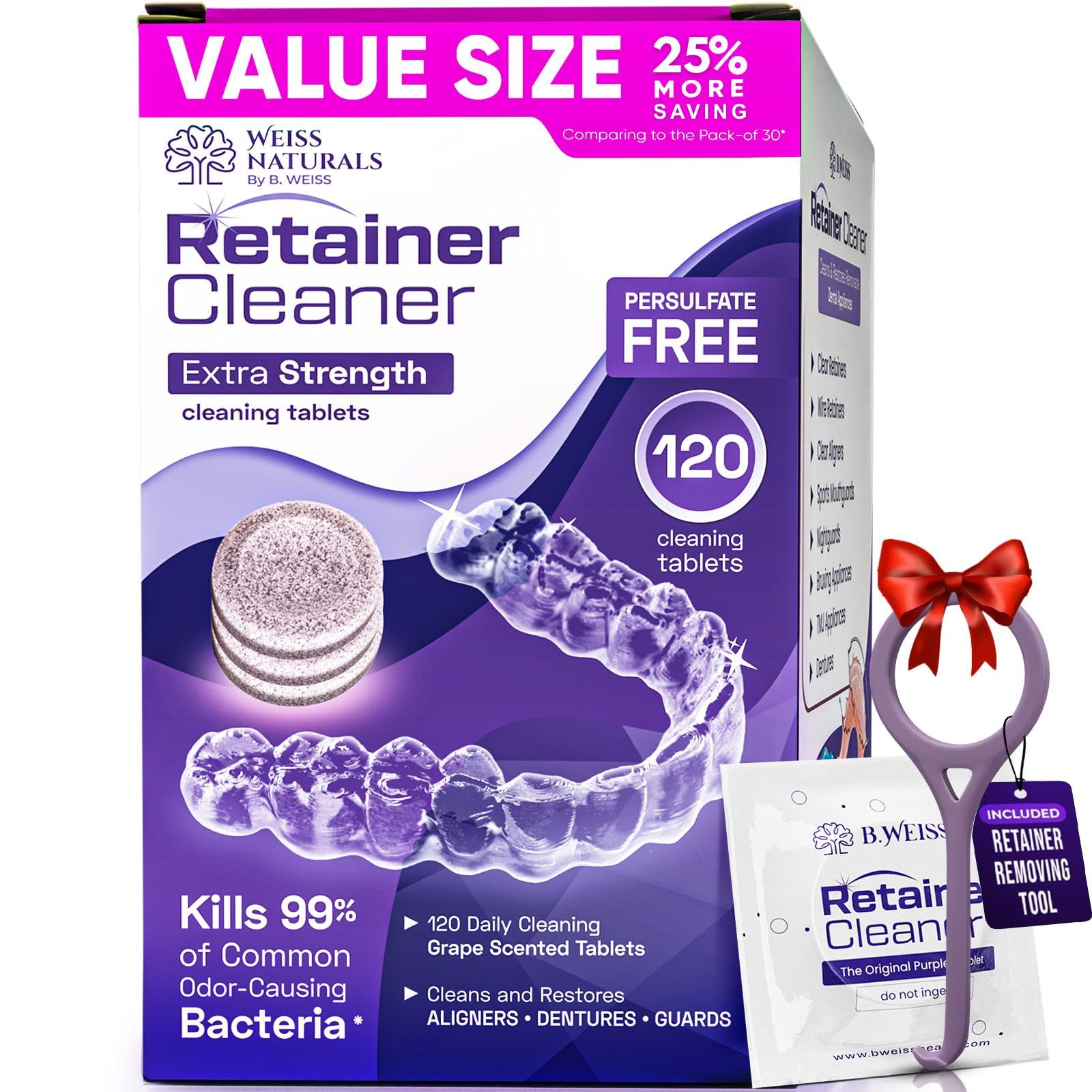Weiss Naturals Retainer Cleaner Tablets, Invisalign Cleaner, Remove Stains, Odors & Plaque, PERSULFATE FREE Night Guard & Denture Cleaner 4-Month Supply, 120 Grape Scented Tablets