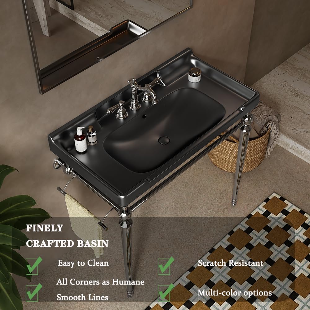 36" Bathroom Console Sink, Wall-Mounted Black Ceramic Vanity Basin with 3 Pre-drilled Faucet Holes, Freestanding Chrome Stainless Steel Support Legs with Towel Bar, No Faucet - Rome, Black