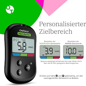 OneTouch Select Plus Flex® blood glucose meter (mmol/L) 1 meter 10 test strips 1 lancing device 10 lancets & 1 case