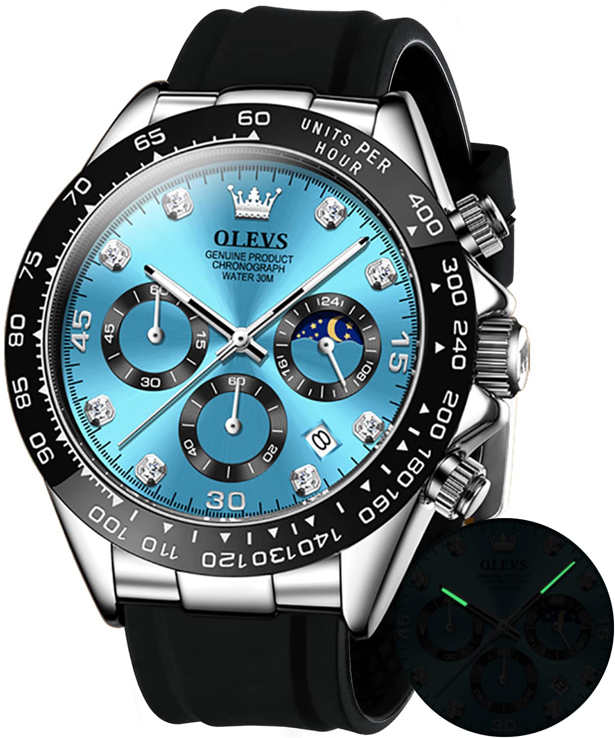 OLEVS Men's Watches Chronograph Multifunction Sport Silicone Luxury Diamond Moon Phase Quartz Male Watch Waterproof Wrist Watch