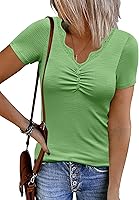 Vista 1 de Blusa de punto acanalado de manga corta para mujer 2024, cuello en V, con botones y ribete de encaje