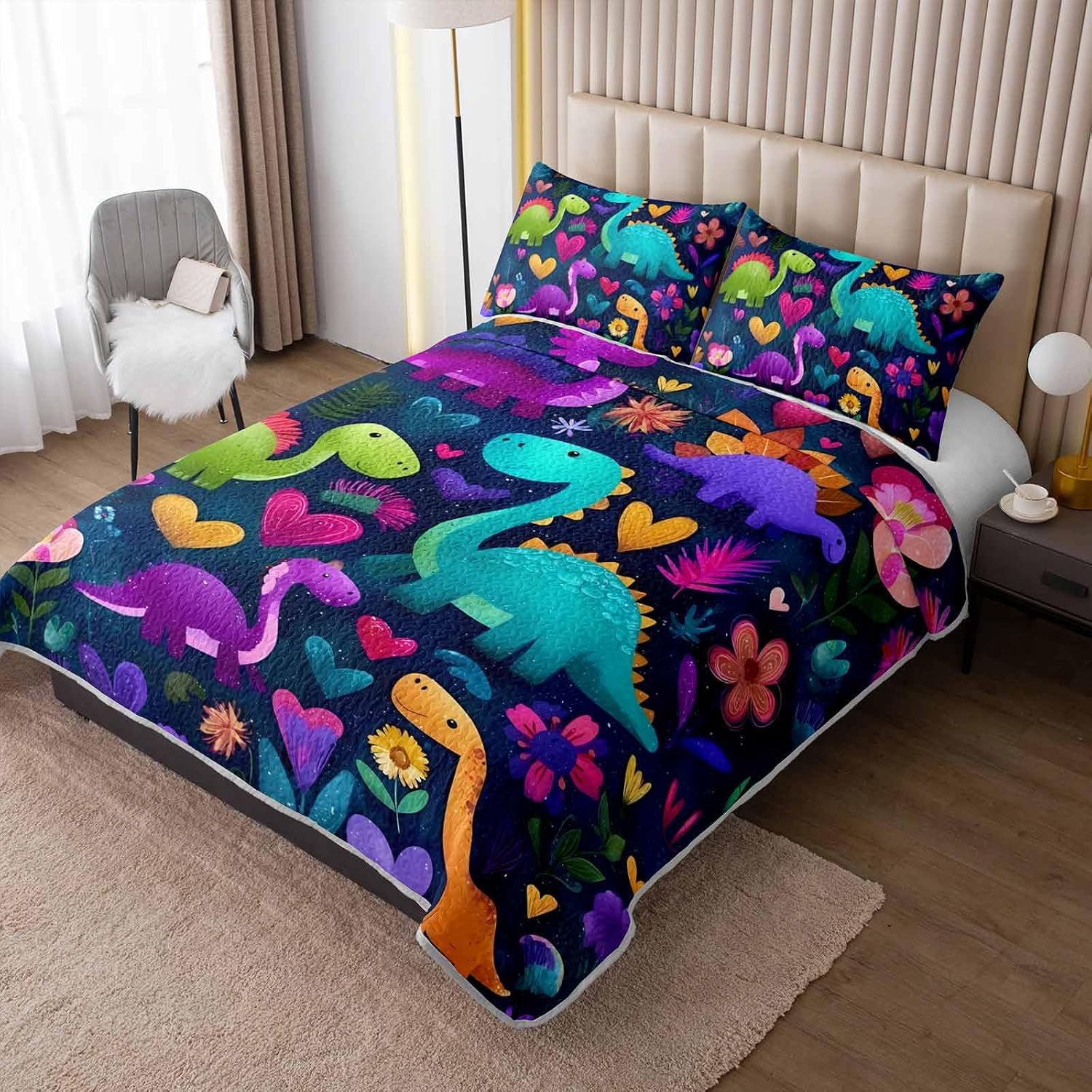 3 Piece Cartoon Dinosaur Full Quilt Sets,Colorful Floral Love Reversible Microfiber Soft Lightweight Bedspread with 2 Pillowcases,Fun Kids Bedding Quilts Set for All Season.
