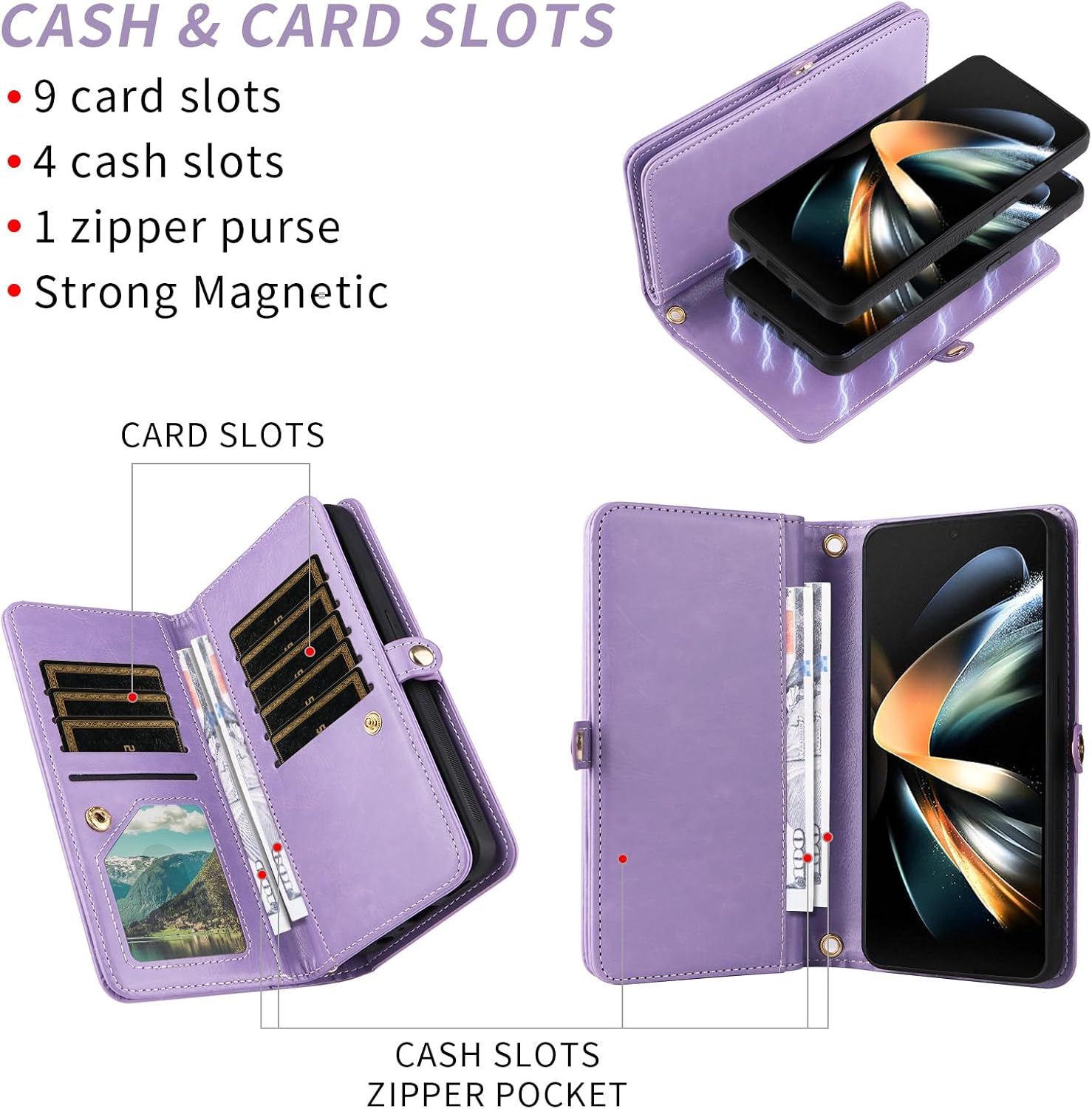 Asuwish Phone Case for Samsung Galaxy Z Fold 4 5G 2022 Zipper Wallet Detachable Cell Cover with Crossbody Strap Bling Glitter Flip Card Holder Slot ZFold4 Z4 Fold4 4Z ZFold45G Women Men Girls Purple