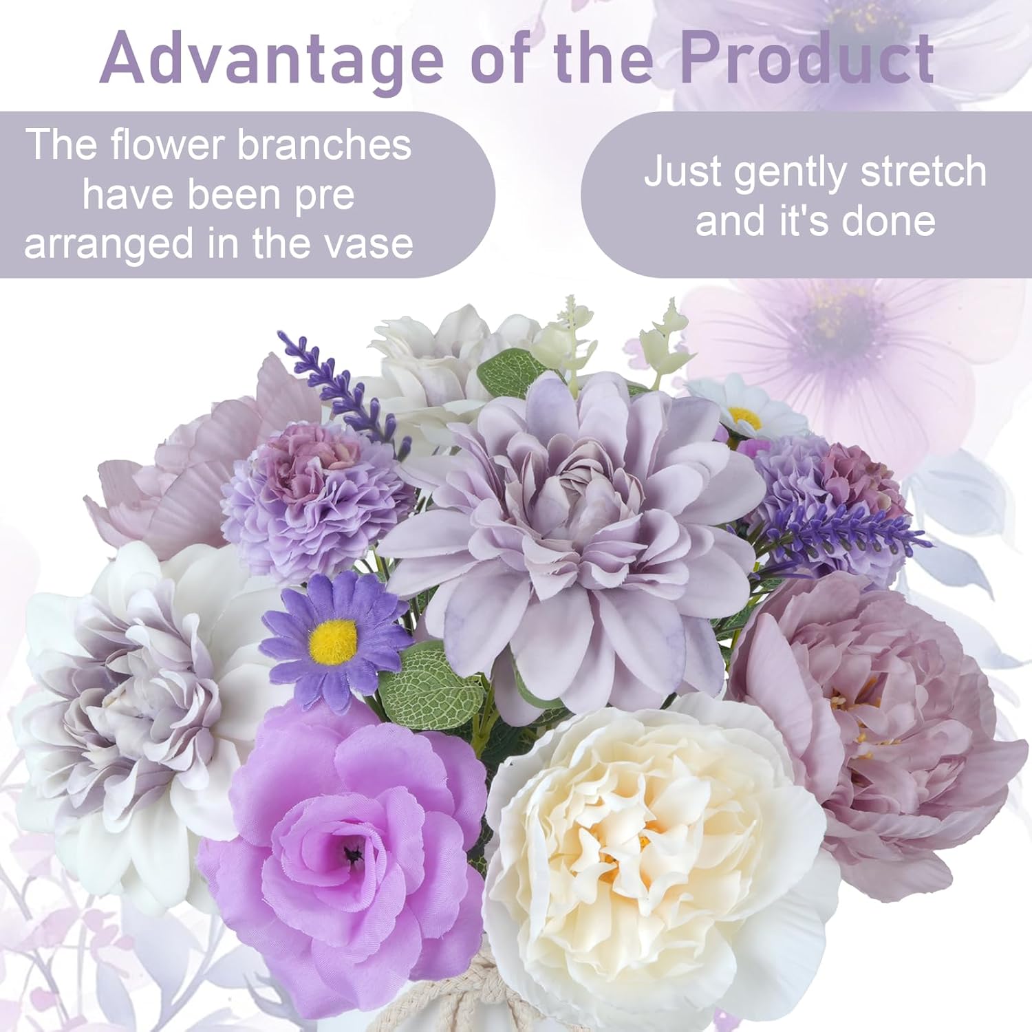 18Pcs Fake Flowers in Vase Purple Fake Peonies with Dahlia Rose Carnation Artificial Flowers with Vase for Home Wedding Party Table Centerpieces Indoor Outdoor