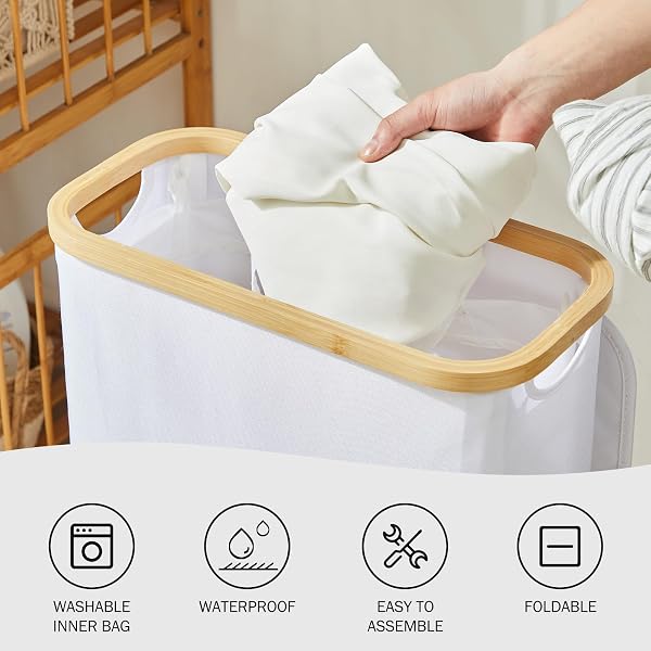 YOUDENOVA - Cesto portabiancheria con coperchio, 48 l, stretto, con sacco grande per la biancheria, pieghevole, in legno di bambù, bianco - 2