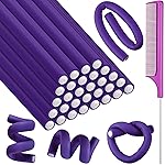 Syhood 30 Pcs 7\'\' Flexible Curling Rods Twist Foam Hair Rollers Soft Foam No Heat Hair Rods Rollers and 1 Steel Pintail Comb Rat Tail Comb for Women Long Short Hair(Purple,7 x 0.47 Inch)