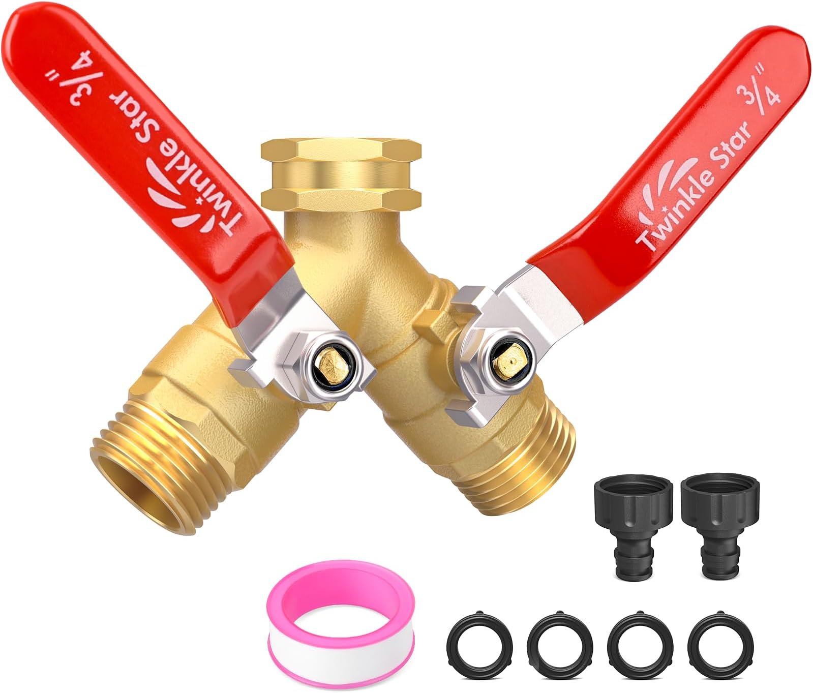 Hose Splitter 2 Way, Twinke Star Upgraded Heavy Duty Brass Garden Hose Splitter with Long Handle,3/4 Inch GHT Thread Y Connector Brass Garden Hose Adapter