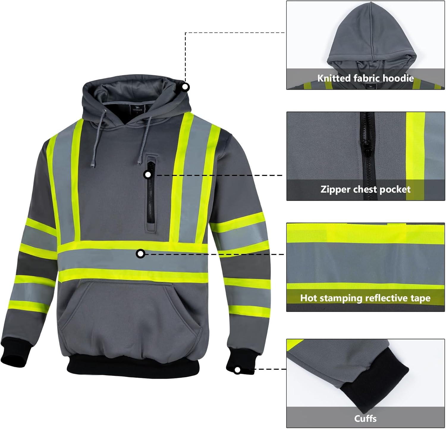 VENDACE High Visibility Hoodie for Men ANSI Class 3 Reflective Safety Hi Vis Fleece Sweatshirt Work Construction - Image 5