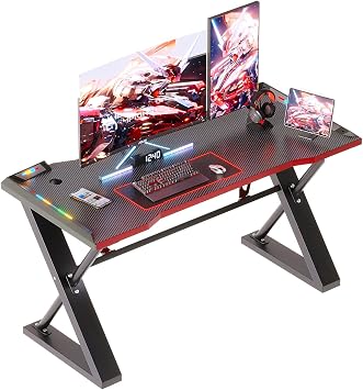 120 * 55 cm Gaming Desk with LED Lights, Gaming Table Thickened Z Shaped, Gamer Desk with Carbon Fiber Coated, Gaming PC Desk, Computer Desk Easy to Assemble, Carbon Fiber Black