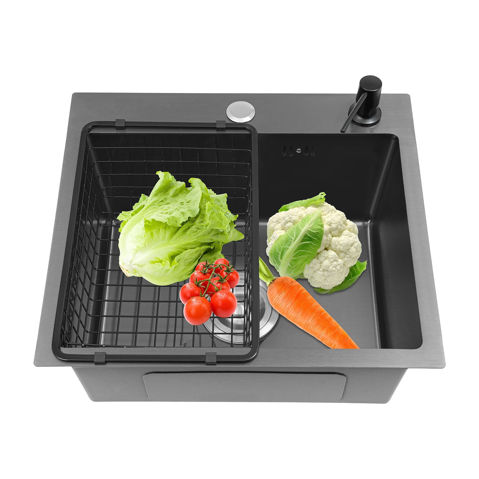 Fregadero de cocina moderno, color negro, 45 x 40 cm, para familias, restaurantes, lavaderos, con escurridor, dispensador de jabón, sin grifo