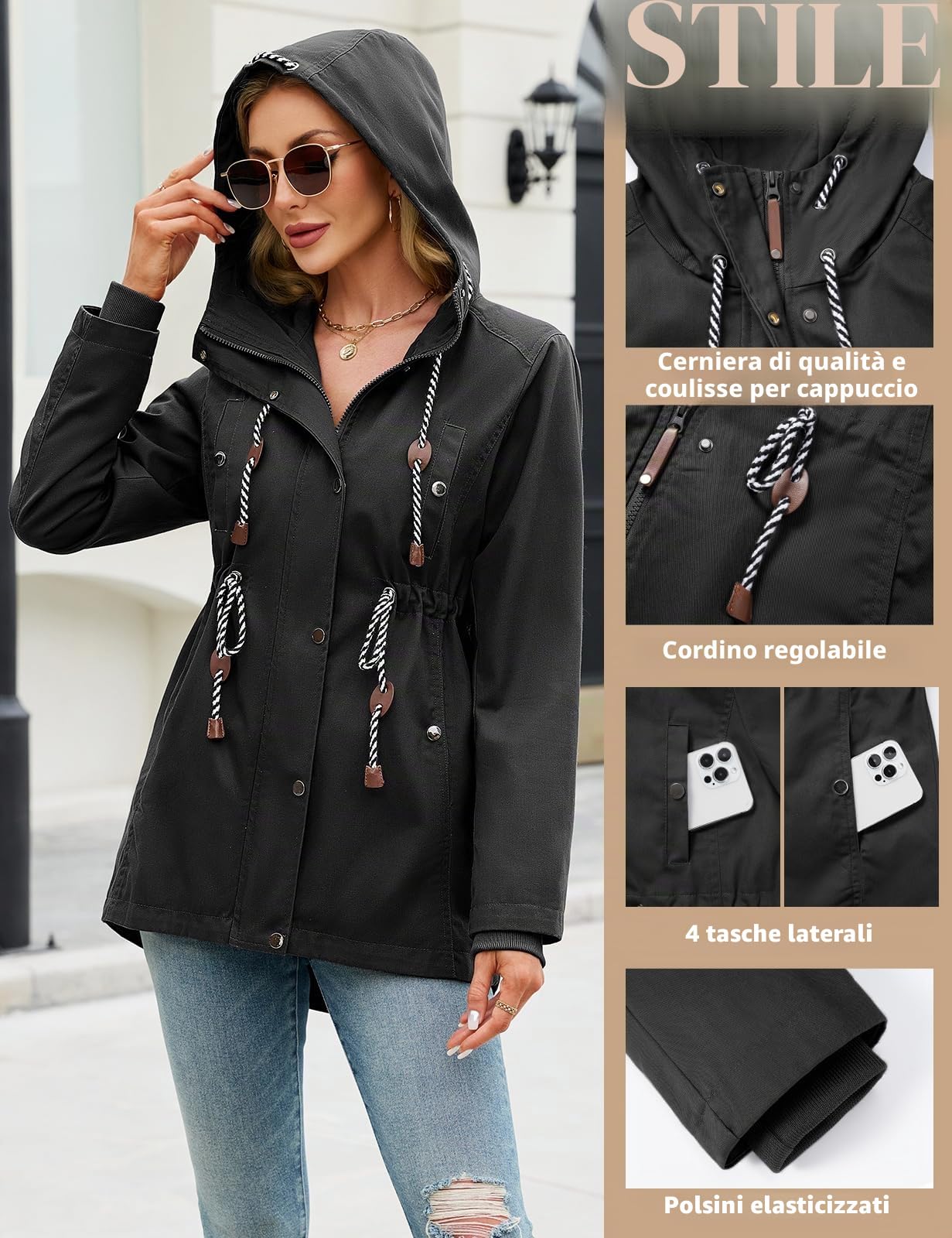 CMTOP Giacca Primaverile Donna Giubbotto Leggera in Cotone Cappotto Casual con Cappuccio Utility Parka Elegante Militare Giacche Outdoor Antivento Primavera Autunno