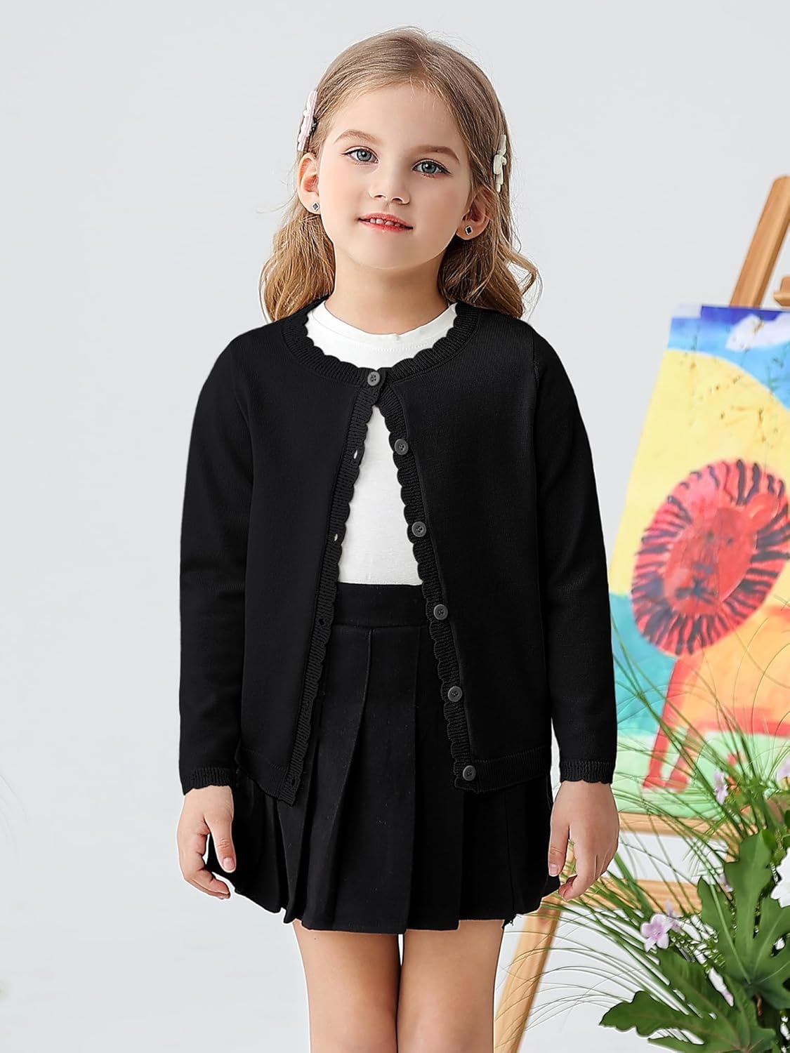 Yekaty Girls Cardigan Basic Uniform Long Sleeve Slim Fit Crewneck Cardigan Sweater - Image 2