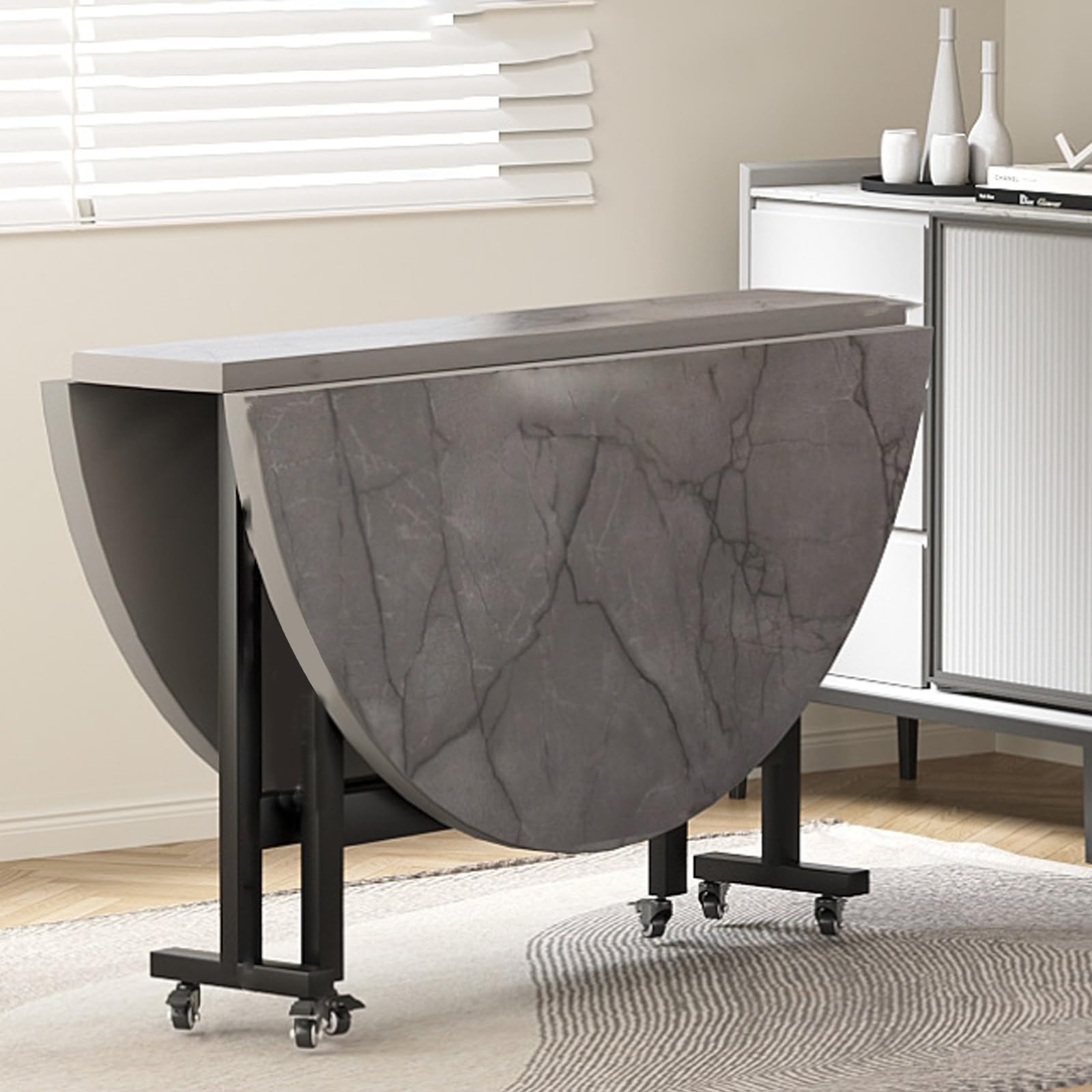 Table de salle à manger pliante ronde multifonctionnelle pour petits espaces, table de cuisine à 6 roues pour 4 à 8 personnes diamètre 120 cm parfaite pour les espaces de vie compacts