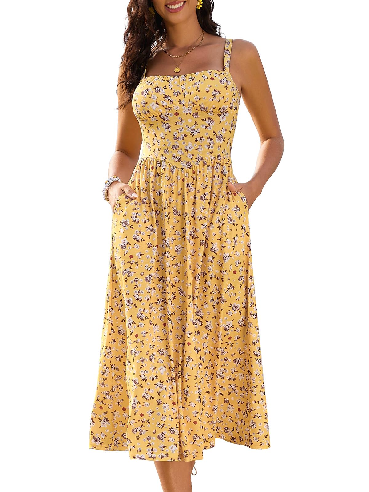 Sureple Long Dresses for Women 2025 Sleeveless Ruched Bust Swing Aline Fitted Spaghetti Strap Sundress with Pockets