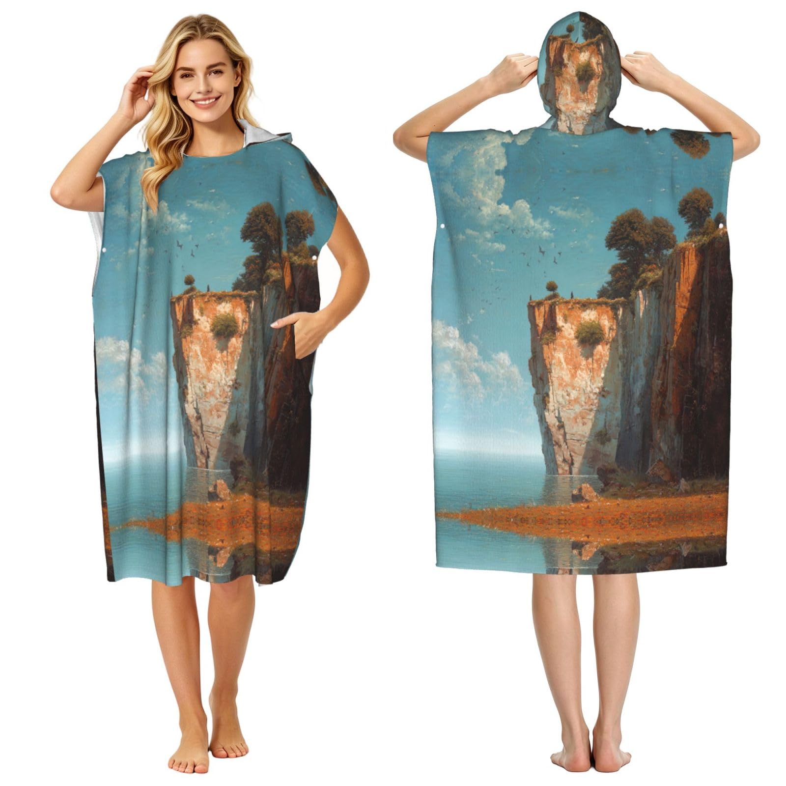 ESNAIUVCD Cliff Print Changing Robe, Hooded Towel Poncho For Swimming Pool, Beach,Quick Dry Light Weight Towelling Poncho
