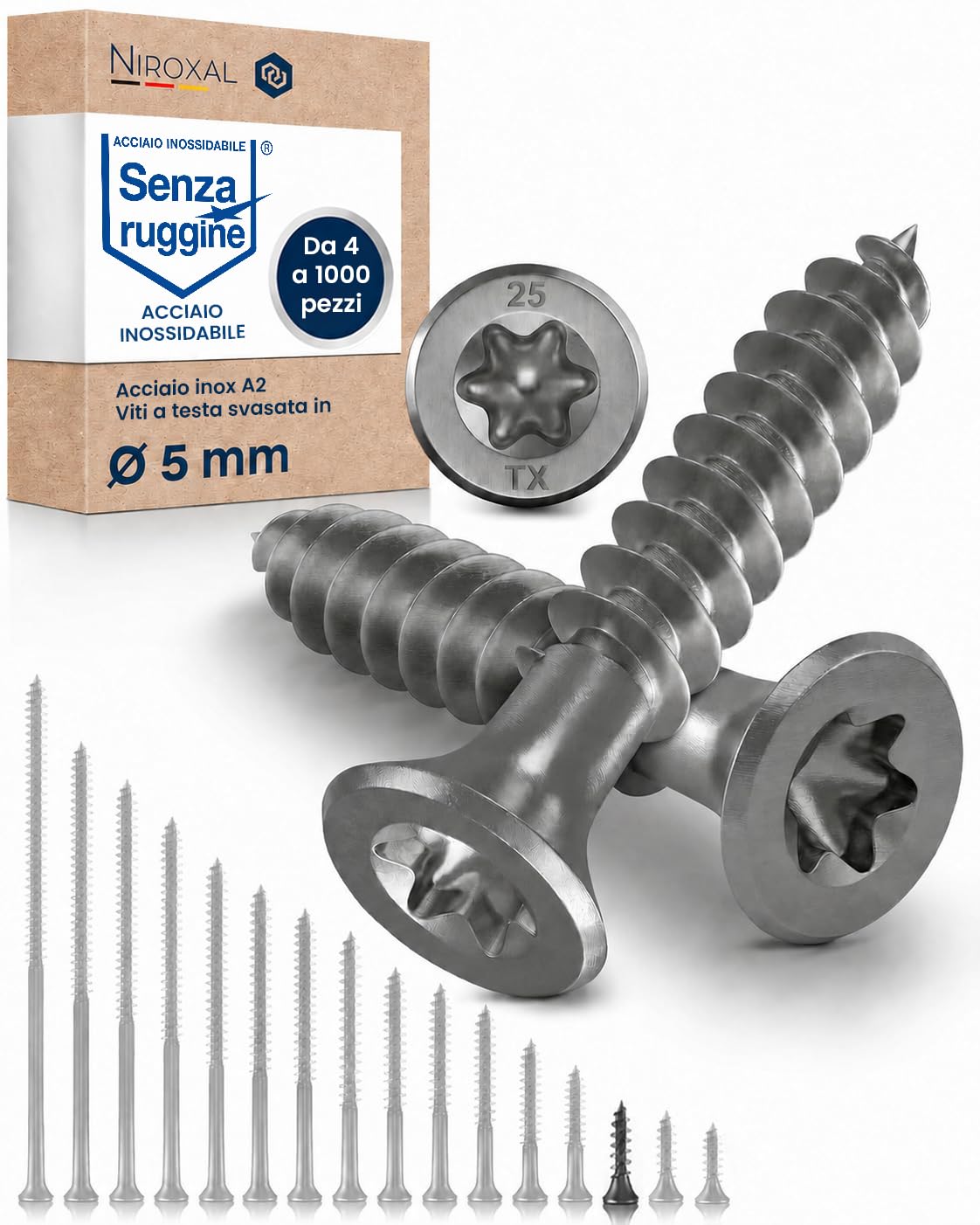 Vite a testa svasata TORX V2A in acciaio inossidabile 5-mm di spessore - Lunghezza della vite di 25-mm - 50 pezzi - Filettatura parziale di 18-mm Vite per legno 5x25
