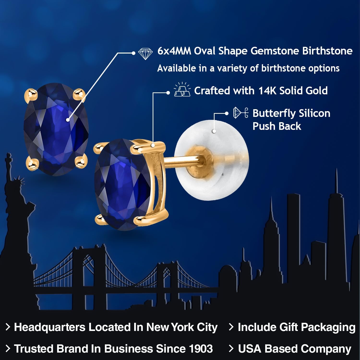 Gem Stone King 14K Yellow Gold Oval Blue Sapphire Stud Earrings | 0.90 Cttw | Gemstone September Birthstone | Oval 6X4MM | Gold Earrings For Women Men - Image 2