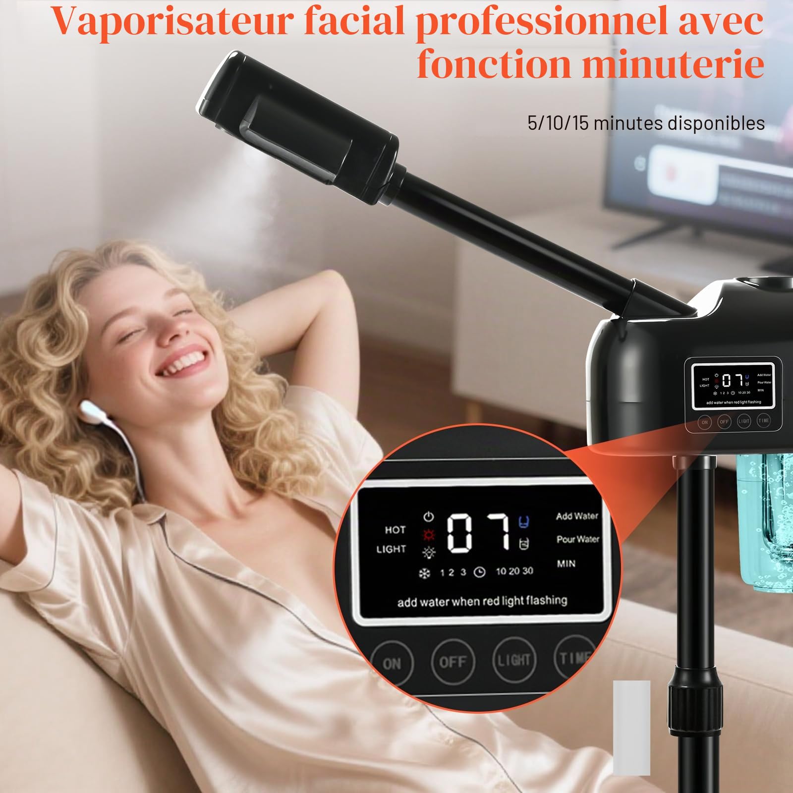Vapeur facial professionnel avec spray ozone, brume chaude, fonction minuterie, écran tactile LCD, spa à la maison, noir