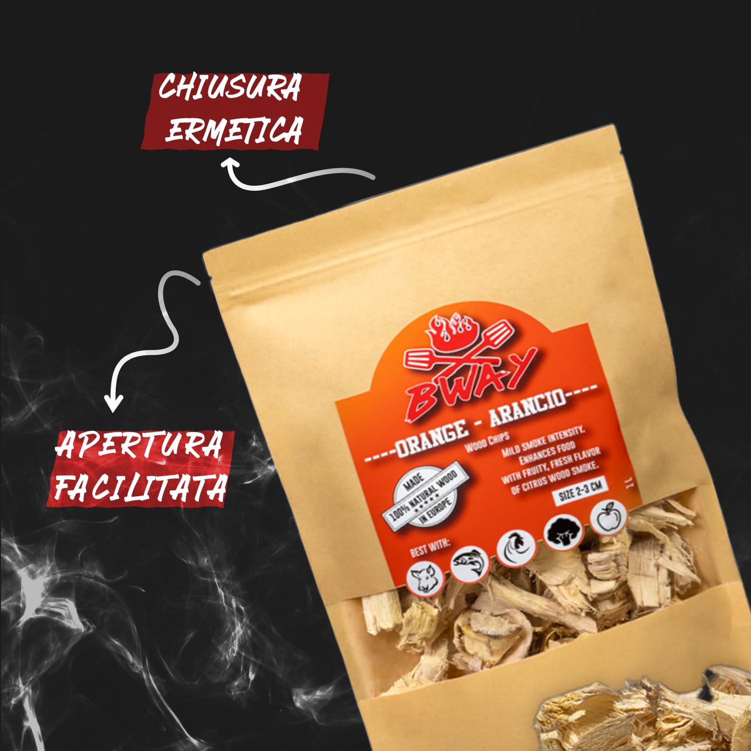 BWAY Chips Affumicatura - Legna per Barbecue per Affumicatura di Maiale, Pesce, Frutta e Verdura - Legno per Affumicatura al Gusto Olivo, Arancio, Mandorlo, Limone, Noci e Quercia (6x1L)