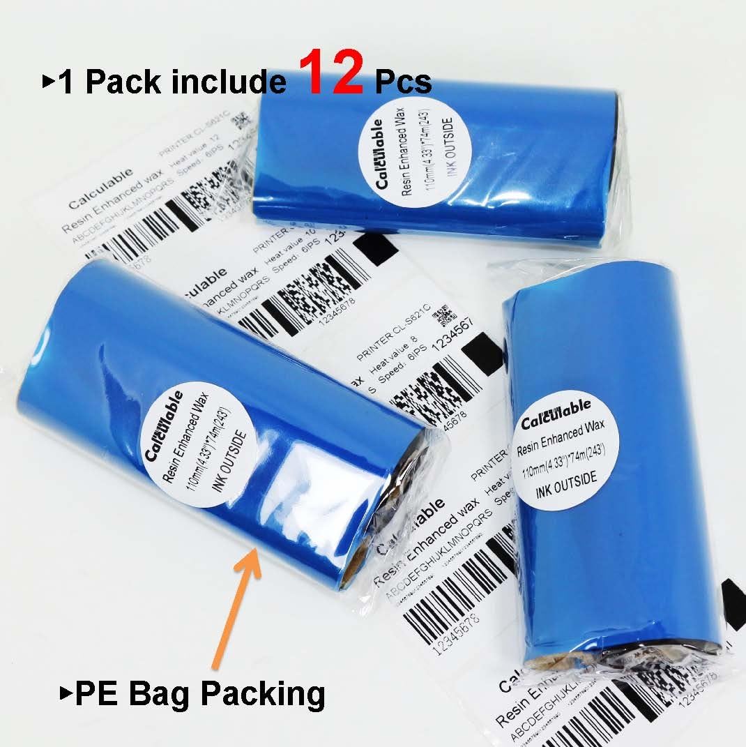 12 Count 4.33" x 243' (110mmx74m) Thermal Wax Ribbons 1/2" Core Thermal Transfer Wax Ribbon for Zebra,TEC,DATAMAX,INTERMEC,Avery,Citizen,SATO,TSC,GODEX,ARGOX
